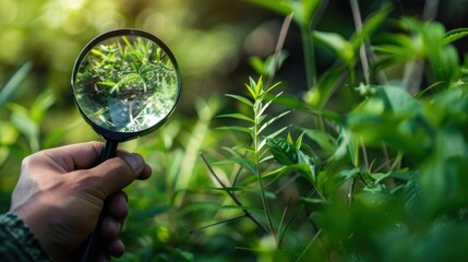 Close-up of a person inspecting a green plant leaf through a magnifying glass, indicating scientific research or quality control.
