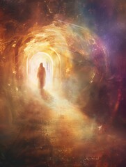 A spectral figure moving through a portal of light, embodying the transition to new dimensions of existence