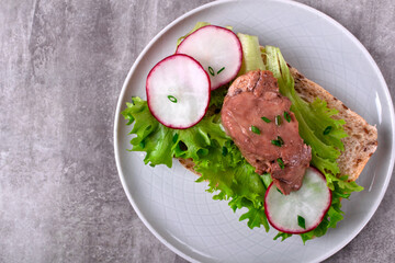 Cod liver served on bread slice with lettuce leaf and radish on the white plate on gray. Exquisite appetizer. Top view - 765747468