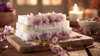 a serene spa setting with a stack of luxurious white soap bars adorned with fresh