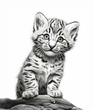 Leopard Cub Sketch.  Generated Image.  A digital illustration sketch of a leopard cub in the wild.