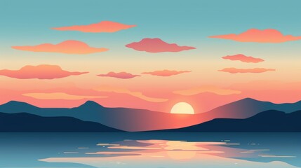 beautiful view of sunset over lake wallpaper. A landscape of Sunset over lake. landscape with a lake and mountains in the background. landscape of mountain lake and forest with sunset in evening.