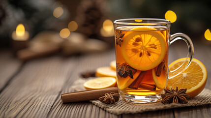 A glass of mulled wine adorned with slices of oranges, cinnamon and anise on a rustic wooden 