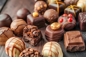 Assorted Gourmet Chocolates Collection on Rustic Wooden Table Dark, Milk, and White Chocolate Sweets