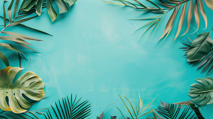 Tropical leaves flat lay background with copy space - obrazy, fototapety, plakaty