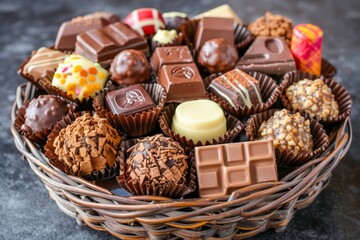 Assorted Gourmet Chocolates in a Wicker Basket on a Textured Background, Delicious Sweet Treats for Special Occasions