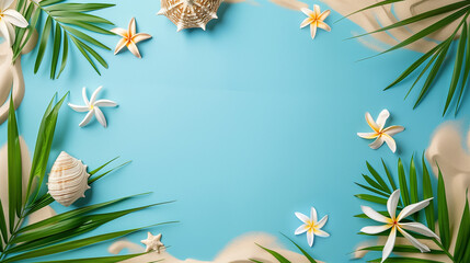 Frame with tropical flowers and leaves. Summer concept