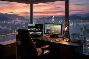 Corporate Command Hub: Futuristic Server Control Center in a Megacity - obrazy, fototapety, plakaty