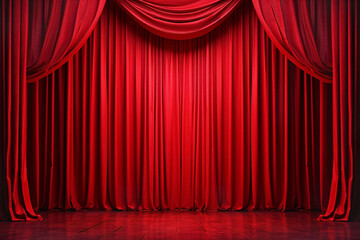 empty stage theater with red curtain and wooden floor spotlight - obrazy, fototapety, plakaty