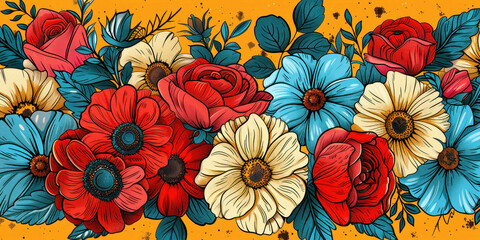 Seamless Floral Pattern with Red, Blue and White Flowers on a Yellow Background for Textile Design