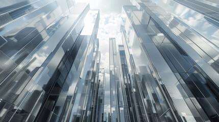 3D model of a silver and chrome metropolis with many skyscrapers. The reflection of the nearest building can be seen on the surface of the building. - obrazy, fototapety, plakaty