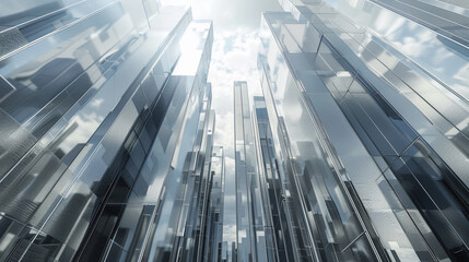 3D model of a silver and chrome metropolis with many skyscrapers. The reflection of the nearest building can be seen on the surface of the building.