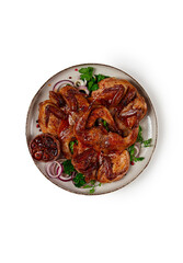fried, quail meat, tobacco (tapaka), with spices, homemade, no people, on a white background, isolate,