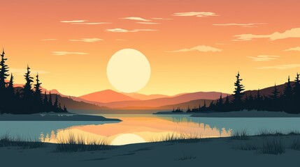 Fototapeta premium A landscape of Sunset over lake. landscape with a lake and mountains in the background. landscape of mountain lake and forest with sunset in evening. beautiful view of sunset over lake.