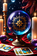Tarot cards, crystal ball and candles. Magic rituals, fortune telling.