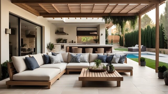 Living area in the backyard under a pergola with outdoor furniture near the pool