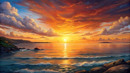 painting of beautiful sunset over the ocean sea