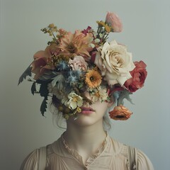 Surreal portrait of a person with a floral headpiece. Artistic and dreamy feel. Perfect for creative projects. Generative AI
