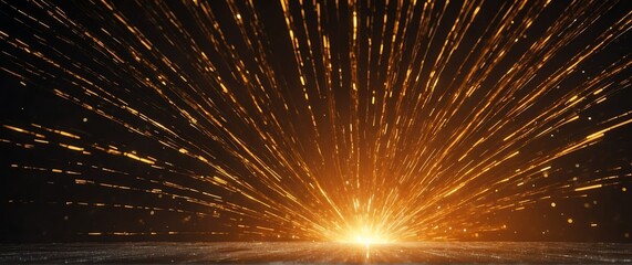 Burst of orange rays of light abstract on dark golden sparkling backdrop with copy space from Generative AI