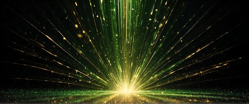 Burst of green rays of light abstract on dark golden sparkling backdrop with copy space from Generative AI