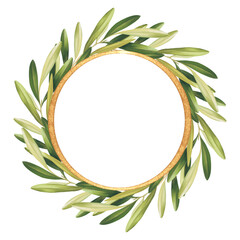 Floral illustration - leaf wreath, gold round frame, olive green leaves.
