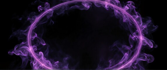 Circular purple glowing light shaped smoke fog effect plain black backdrop with copy space from Generative AI