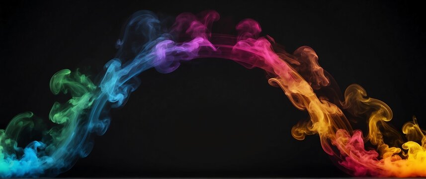 Circular rainbow colored glowing light shaped smoke fog effect plain black backdrop with copy space from Generative AI