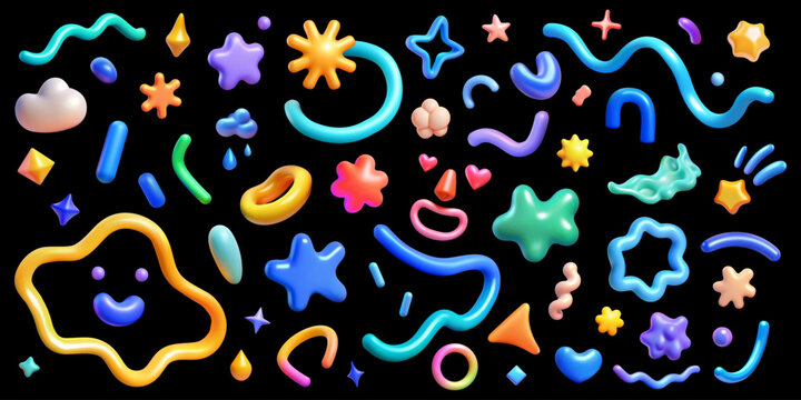 Collection of various 3D plastic cute vector shapes. The collection features stars, hearts, squiggles, geometric figures, and abstract forms, all conveying a sense of playful creativity and whimsical 