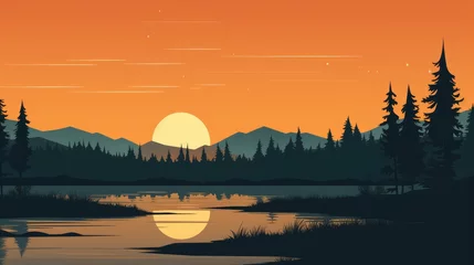 Poster A landscape of Sunset over lake. landscape with a lake and mountains in the background. landscape of mountain lake and forest with sunset in evening. beautiful view of sunset over lake. © jokerhitam289