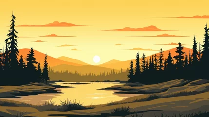 Deurstickers A landscape of Sunset over lake. landscape with a lake and mountains in the background. landscape of mountain lake and forest with sunset in evening. beautiful view of sunset over lake. © jokerhitam289