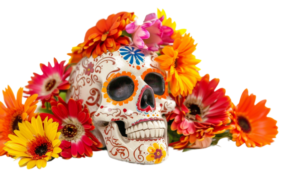 Sugar Skull Tribute to Day of the Dead Isolated on Transparent Background.