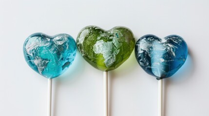 Earth Day heart-shaped lollipops against a white background