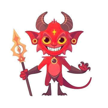 An illustration of a smiling devil child holding a sharp weapon
