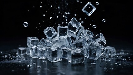 Scattered ice cubes  fell onto the wet floor, close up photo realistic, on background