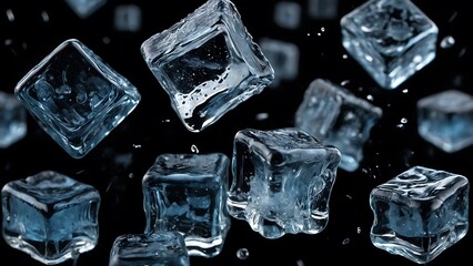 Scattered ice cubes  fell onto the wet floor, close up photo realistic, on background - obrazy, fototapety, plakaty