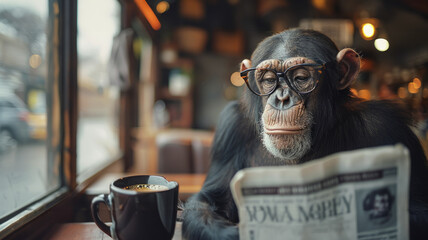 Chimpanzee with newspaper in cafe - obrazy, fototapety, plakaty