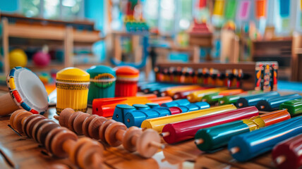 Colorful musical instruments on a table.