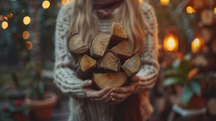 Woman holding firewood, cozy atmosphere