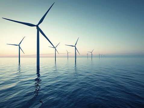Image showcasing a wind turbine farm located in the sea near with their large blades rotating in the wind. Energy and environmental conservation, highlighting the beauty and efficiency energy. AI