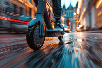 A close-up shot of a person riding an electric scooter in the city at dusk with motion blur.