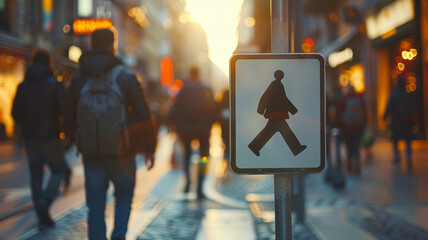 Fototapeta premium Pedestrian crossing sign in a city at dusk
