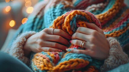 A person knitting a colorful scarf.