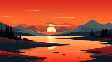 Rideaux tamisants Corail beautiful view of sunset over lake wallpaper. A landscape of Sunset over lake. landscape with a lake and mountains in the background. landscape of mountain lake and forest with sunset in evening.