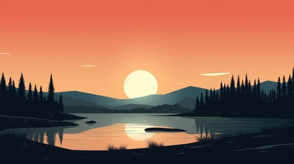 A landscape of Sunset over lake. landscape with a lake and mountains in the background. landscape of mountain lake and forest with sunset in evening. beautiful view of sunset over lake.