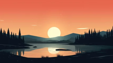 Fototapeten A landscape of Sunset over lake. landscape with a lake and mountains in the background. landscape of mountain lake and forest with sunset in evening. beautiful view of sunset over lake. © jokerhitam289