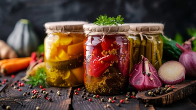 Canned vegetables in jars on a wooden table with fresh vegetables and peppercorns on it