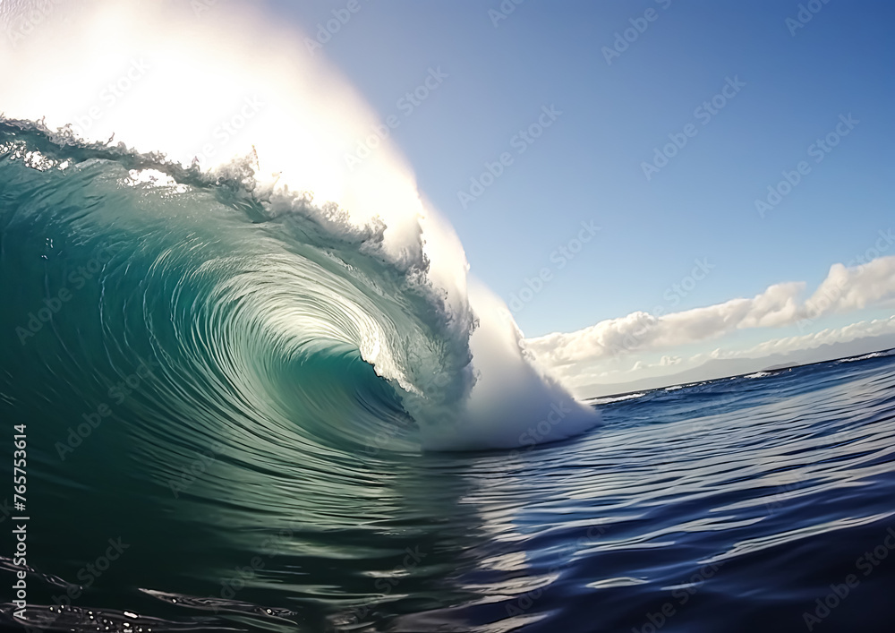 Poster a large wave is crashing into the ocean, creating a beautiful and powerful scene. the water is blue 
