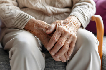 Hand of elder woman. Concept of rheumatoid arthritis, osteoarthritis, or joint pain. - obrazy, fototapety, plakaty