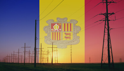 Andorra flag on electric pole background. Power shortage and increased energy consumption in Andorra. Energy development and energy crisis - obrazy, fototapety, plakaty