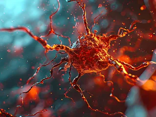 Foto op Aluminium Rabies virus in the mammalian nervous system. Virus as it travels along nerve pathways. Virus's progression toward the brain, causing severe neurological symptoms. AI © Iryna